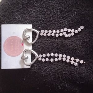 Chic Silver Toned Heart Earrings with Pink Beads